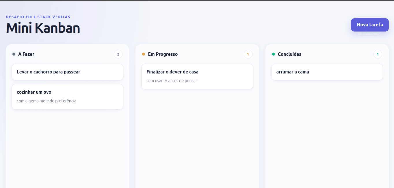 Interface do Mini Kanban com três colunas de tarefas